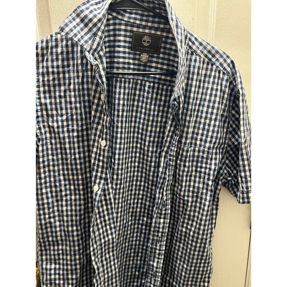Short Sleeve Timberland Men's Blue White Gingham Plaid Button Up Shirt Medium